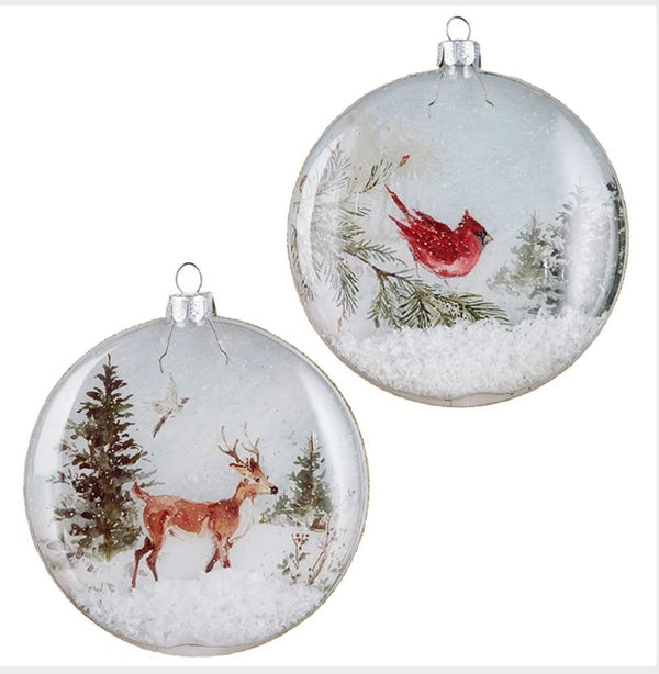 Woodland Animals Reindeer Cardinal Snowy Glass Disc Ornaments Set of 2