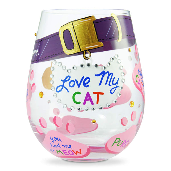 Lolita Love My Cat Hand-Painted Artisan Stemless Wine Glass