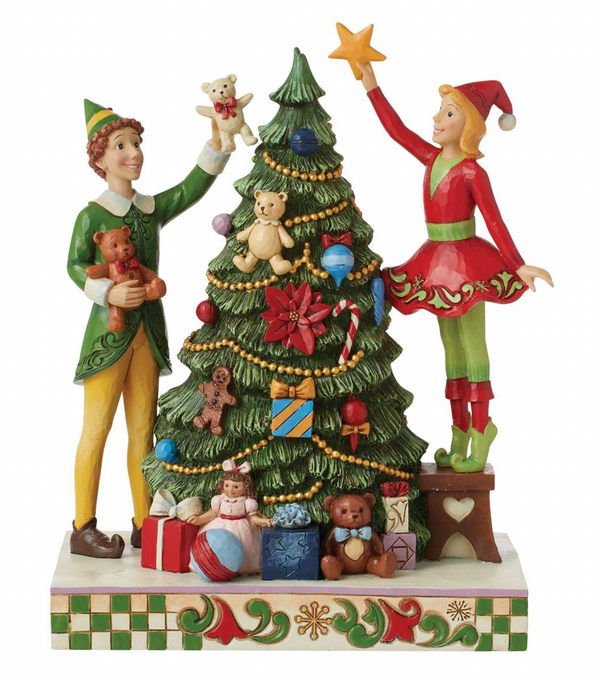 Buddy Elf with Jovie Elf Decorating Christmas Tree by JIm Shore