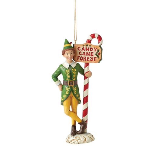 Enesco Elf by Jim Shore Buddy with Candy Cane Forest Signpost Hanging Ornament, 5.12 Inch, Multicolor