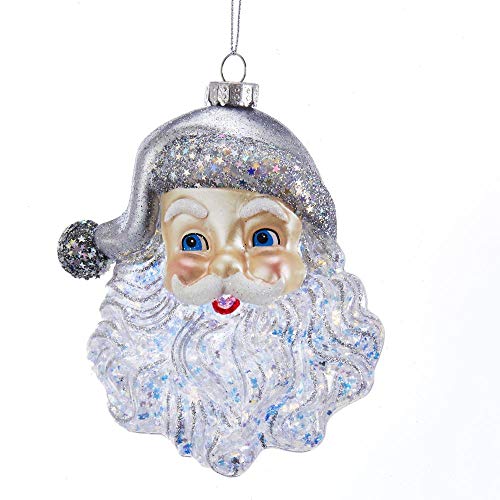 Kurt Adler Santa Face with Silver Glitter Glass Christmas Tree Ornament