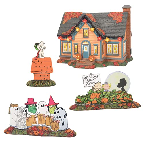 Department 56 Halloween Village Trick or Treat Lane Peanuts House Lit Building and Accessories Set