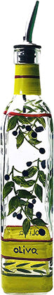 Hand Painted Glass Oliva Branch Oil / Vinegar Glass Cruet 16oz