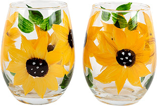 Sunflower Stemless Wine Glasses - Gift for Women - Sunflower Kitchen Decor - Rustic Country Farmhouse - Set of 2 - Hand Painted